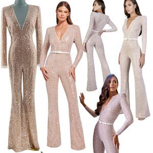 🆕 NADINE MERABI 🧿 NWT Eliza White Sequin & Pearl Bead Jumpsuit, Sz S *NO BELT*